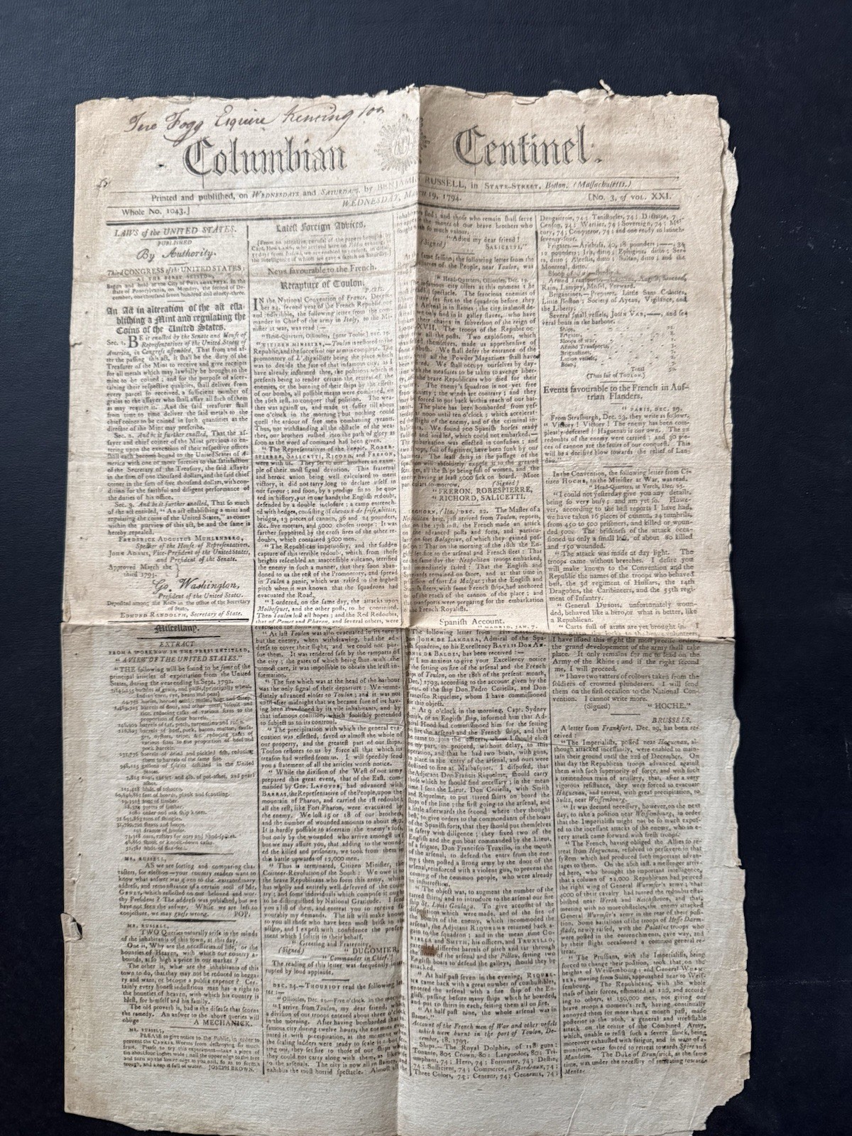 Columbian Centinel Newspaper, March 19, 1794