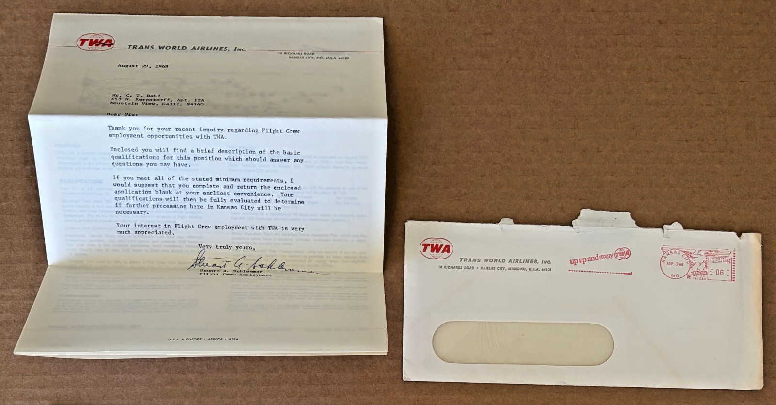 Vintage 1968 TWA Response Letter, Flight Crew Job Application Packet & Envelope Vintage 1968 TWA Response Letter, Flight Crew Job Application Packet & Envelope