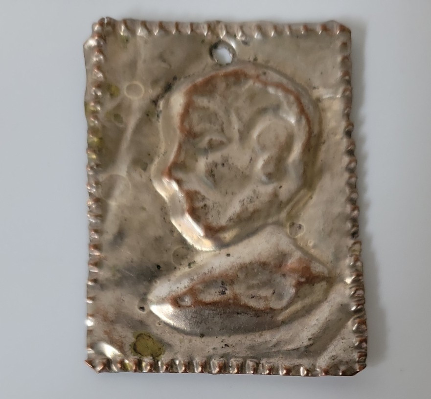Antique Ex Voto Silver Metal Small Embossed Repoussé Design of a Head of Wisdom