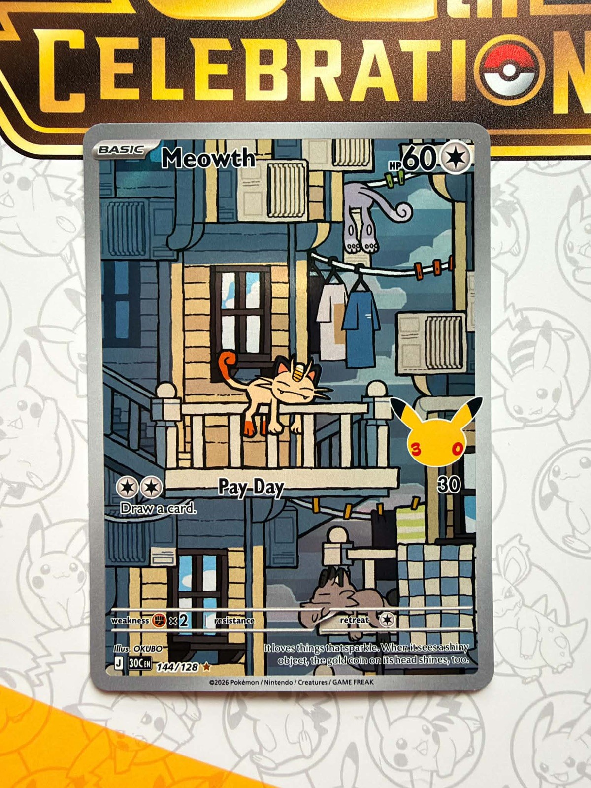 Meowth 144/128 Illustration Rare 30th Celebration TCG Pokemon Card