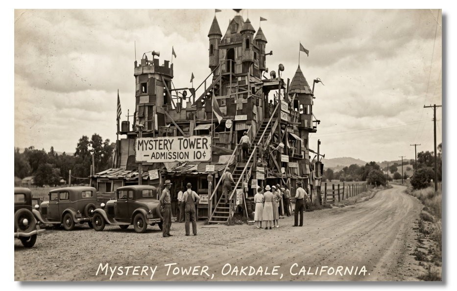 Vintage‑STYLE NEW ART 1930\'s RPPC-MYSTERY TOWER, OAKDALE, CALIFORNIA-FAUX