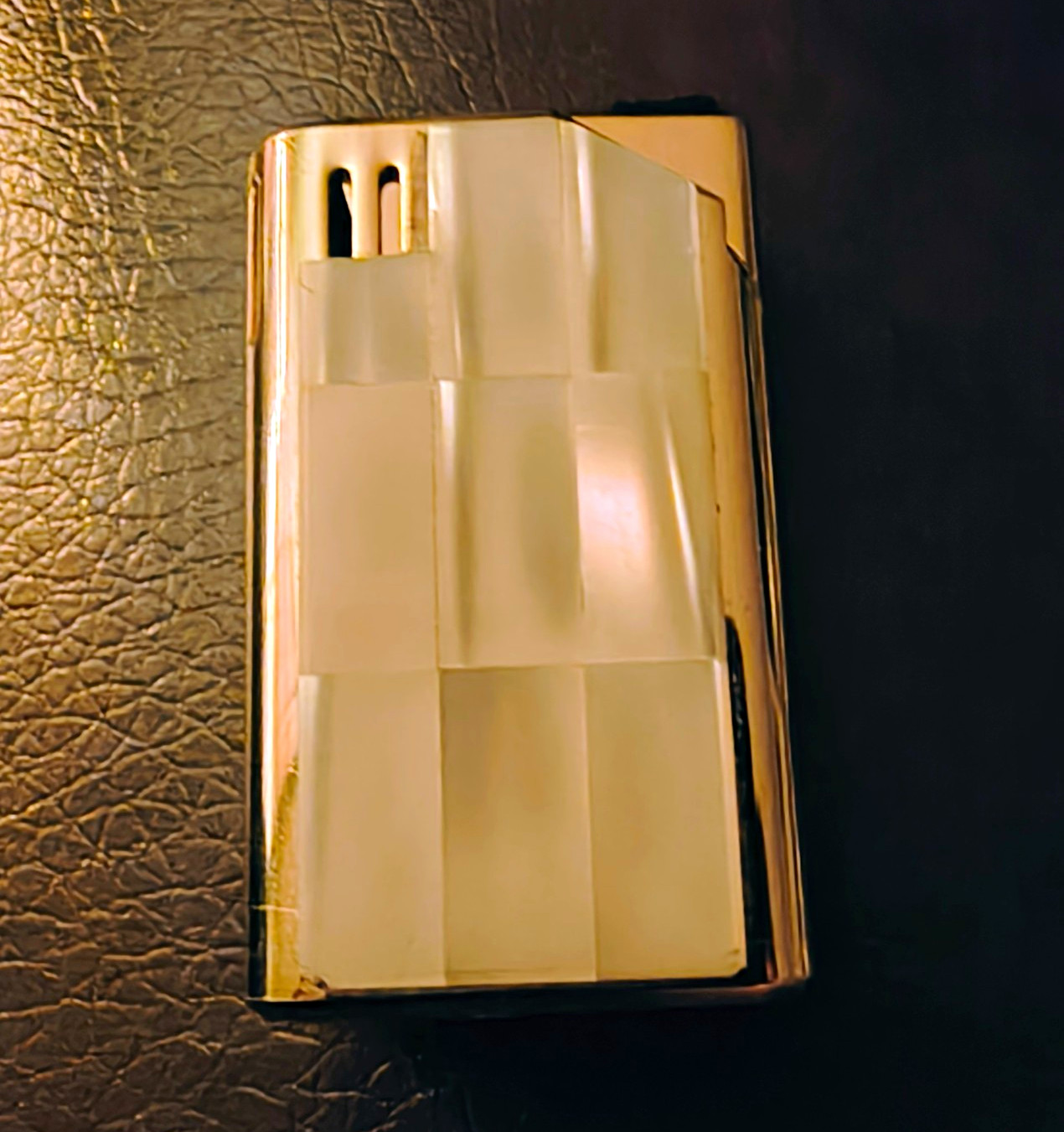 Studio 10 Pocket Lighter Gold Tone White Checker Panel Design Pearl Marked Japan