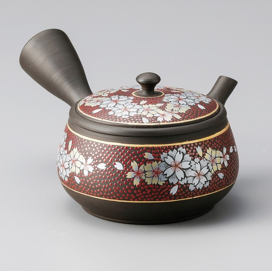Tokoname Kutani yaki Japanese Teapot Red Sakura Kyusu 270ml Y105 by Gyokko