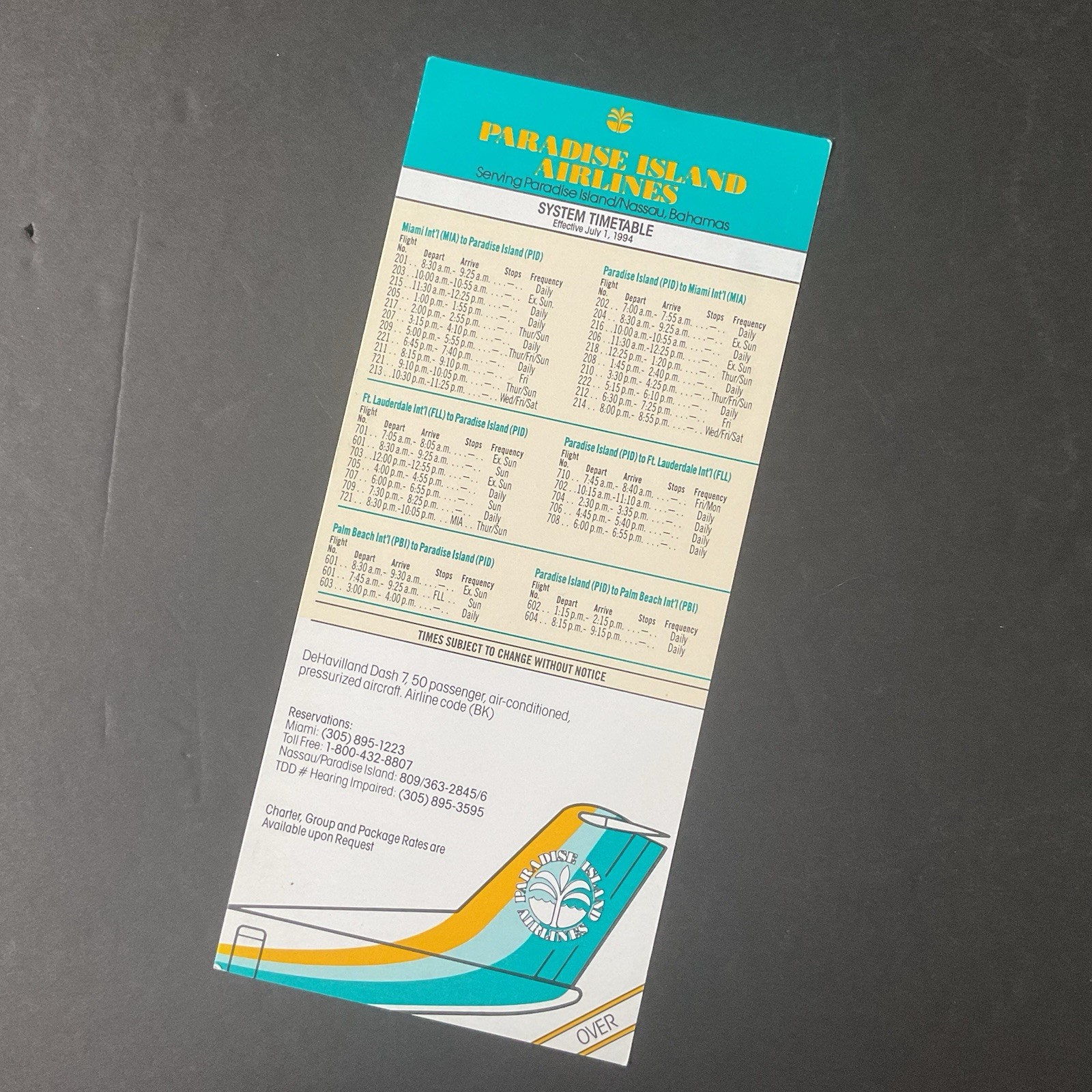 Paradise Island Airlines System Timetable July 1, 1994