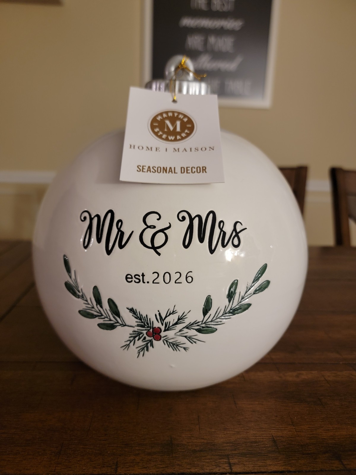 Mr. & Mrs. Est. 2026 Christmas Ornament White Silver Black Script Bridal Wedding