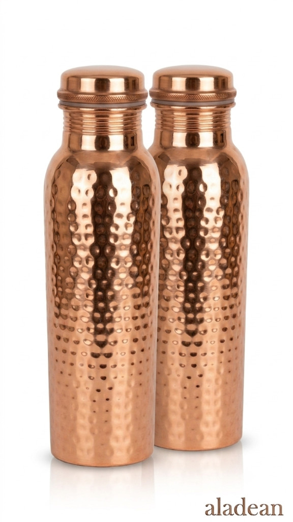 Aladean Set of 2 Pure Copper Water Bottles Hammered Wellness Flask