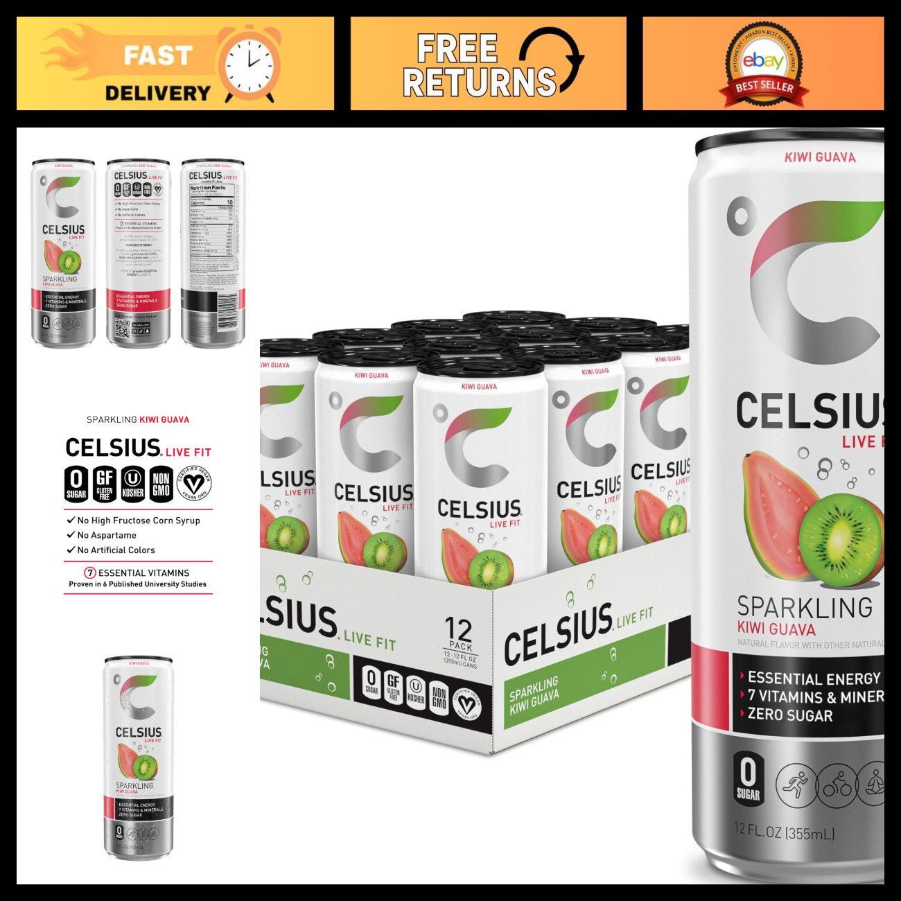 Sparkling Kiwi Guava Energy Drink - Sugar Free, 12 Fl Oz, Pack of 12 Cans