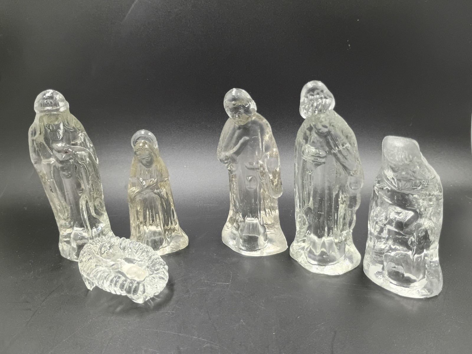 Vintage Clear Glass Nativity Set 6 Pc Mary Joseph Jesus 3 Wise Men Christmas