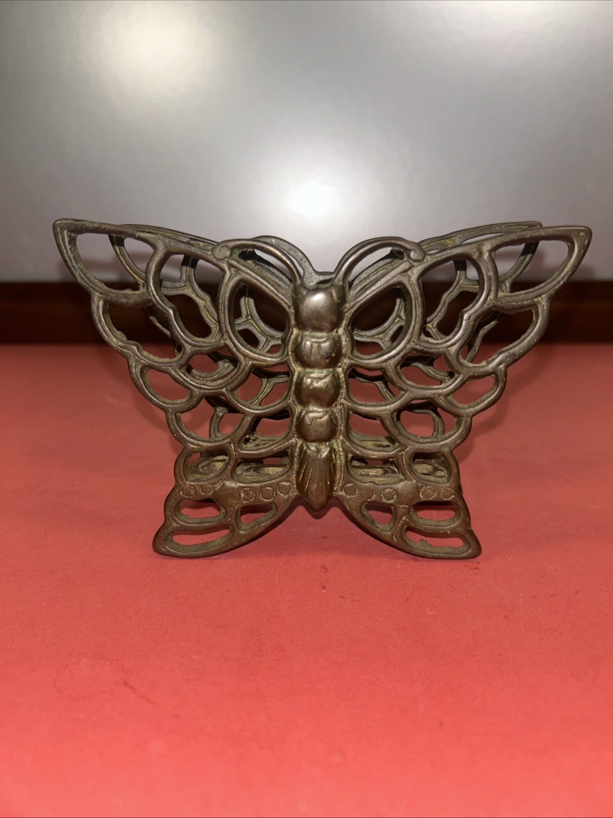 VTG Solid Brass Footed Butterfly Napkin Holder Openwork Lattice Wing Design