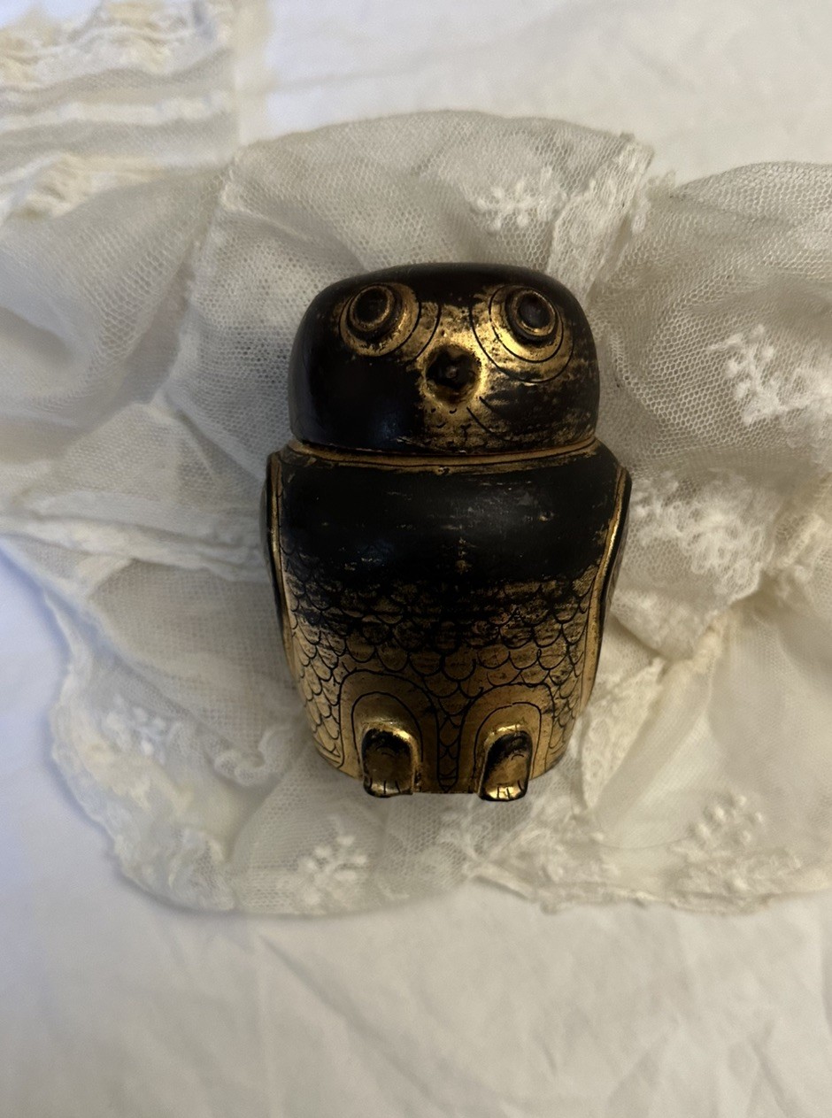 Vintage Burmese Lacquer Owl Hand Painted Gold Leaf Design Owl Box Lidded Jar
