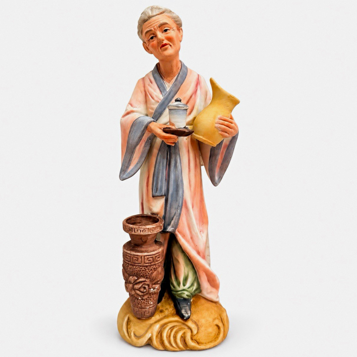 Vintage 1970s EW Japan Hand Painted Ceramic Lady Farmer Figurine 15” Asian Decor