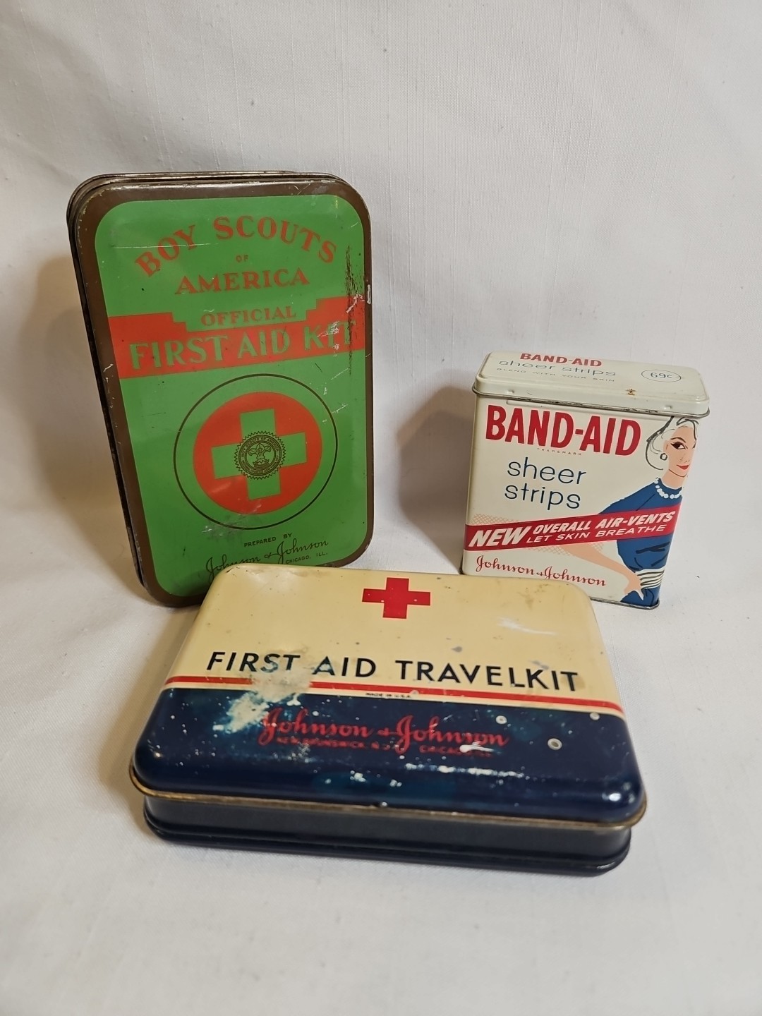 Vintage First Aid Tins Lot of 3 Boy Scouts Johnson & Johnson Band-Aid
