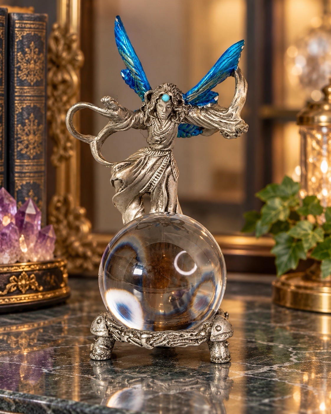 Vintage 1999 Gallo Fairy Crystal Ball Figurine  Wings Clear Orb Fantasy Decor