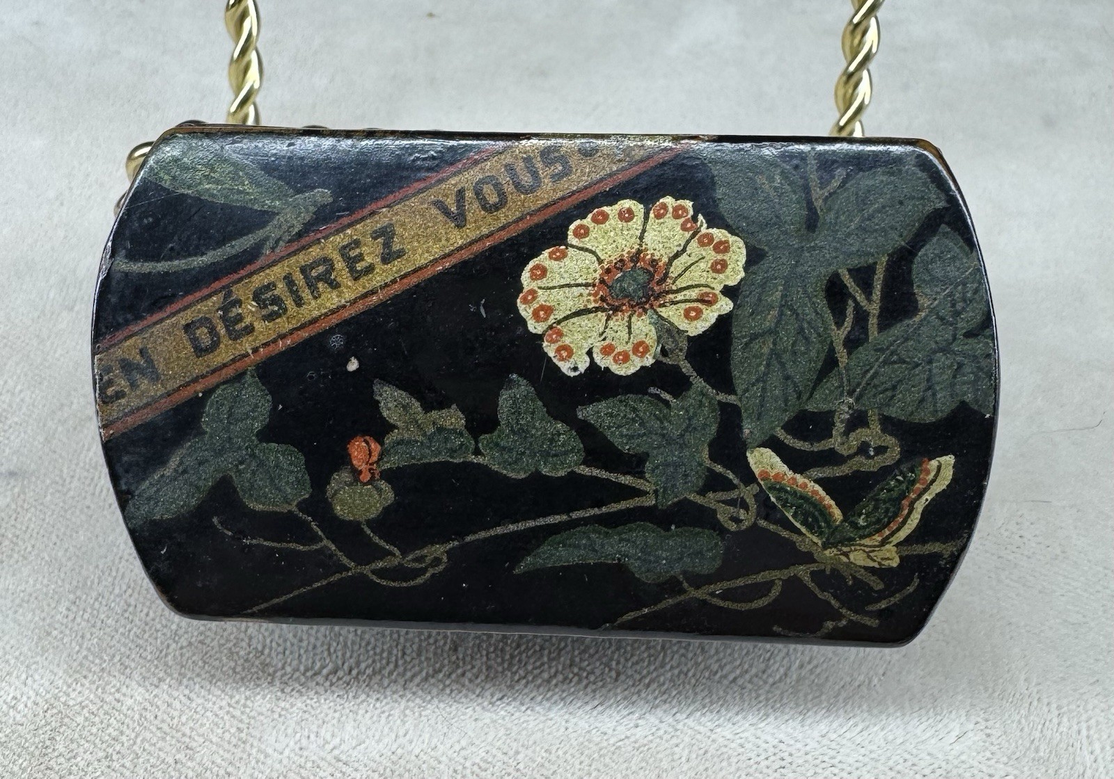 Antique French Papier Mache Snuff Box Floral Black Lacquer Gold EN DÉSIREZ VOUS