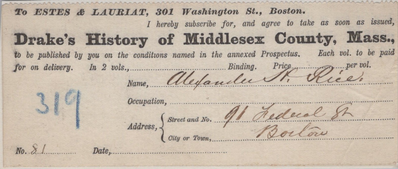Alexander H. Rice signed cut 32nd Governor of Massachusetts 1870's CIVIL WAR ERA