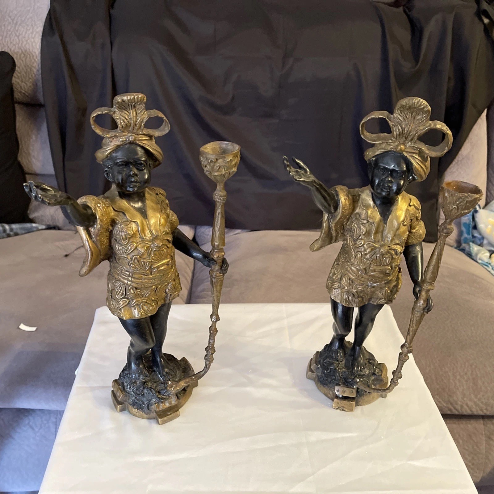 Pair Antique Bronze Blackamoor Candle Holders Venetian Figural Candlesticks 16”
