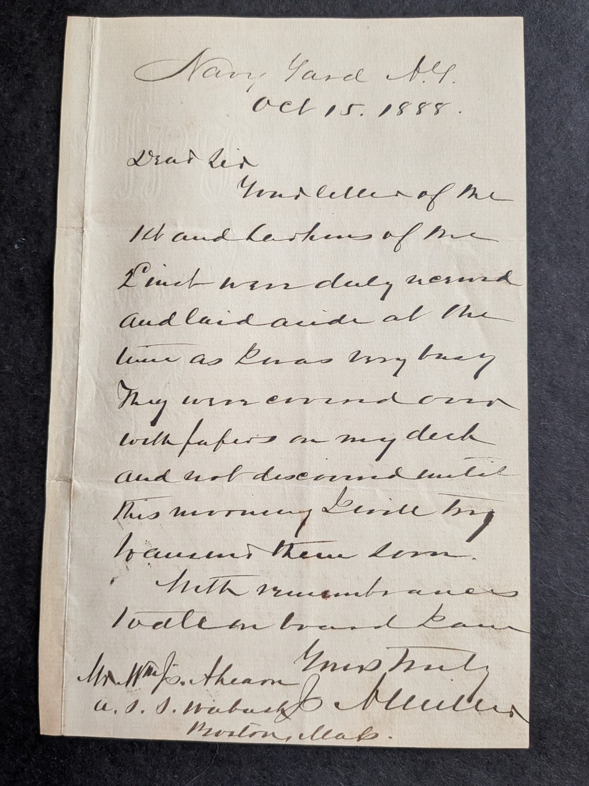 Joseph N. Miller (d. 1909) Signed 1888 Letter - Civil War, Navy Rear Admiral
