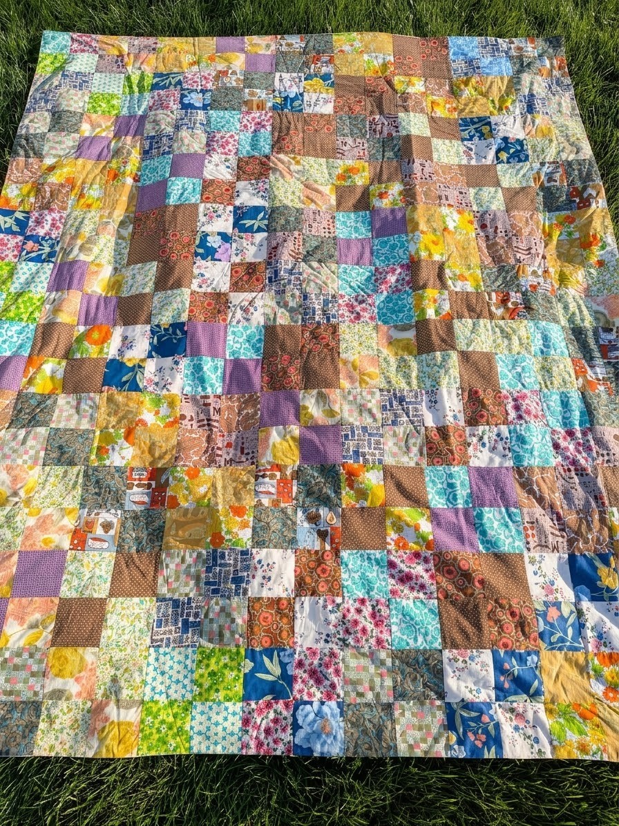 Vintage 1970s Scrappy Patchwork Quilt Queen Full Size Machine Tacked Retro Boho