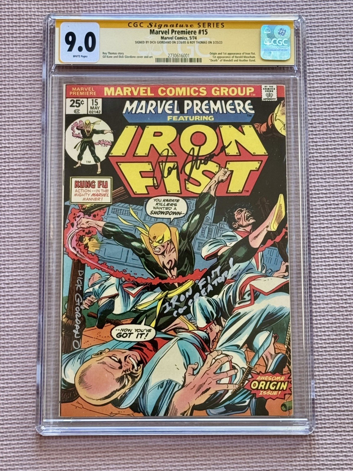 MARVEL PREMIERE IRON FIST #15 CGC SS 9.0 RARE SIGNED DICK GIORDANO ROY THOMAS 
