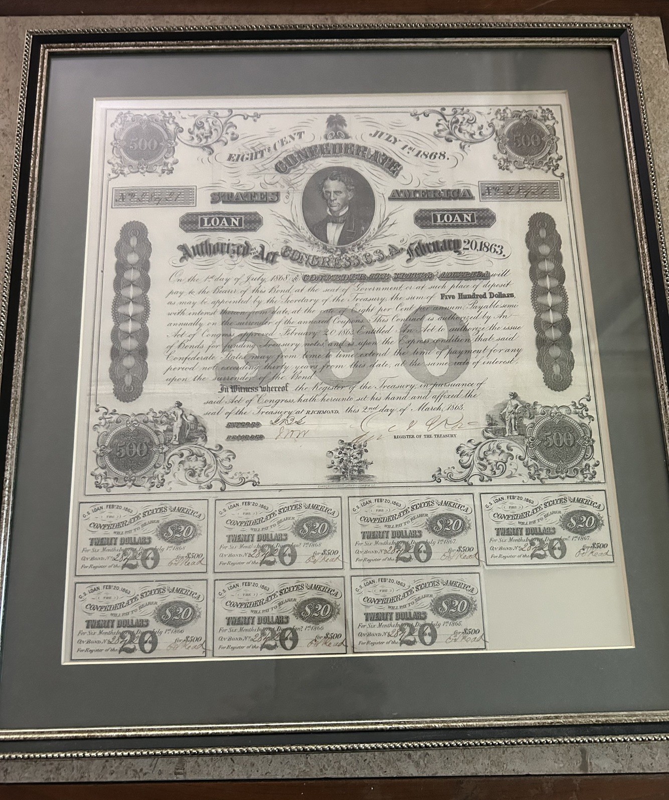 Confederate States of America $500 Civil War bond from 1863 With 7 Stamps.