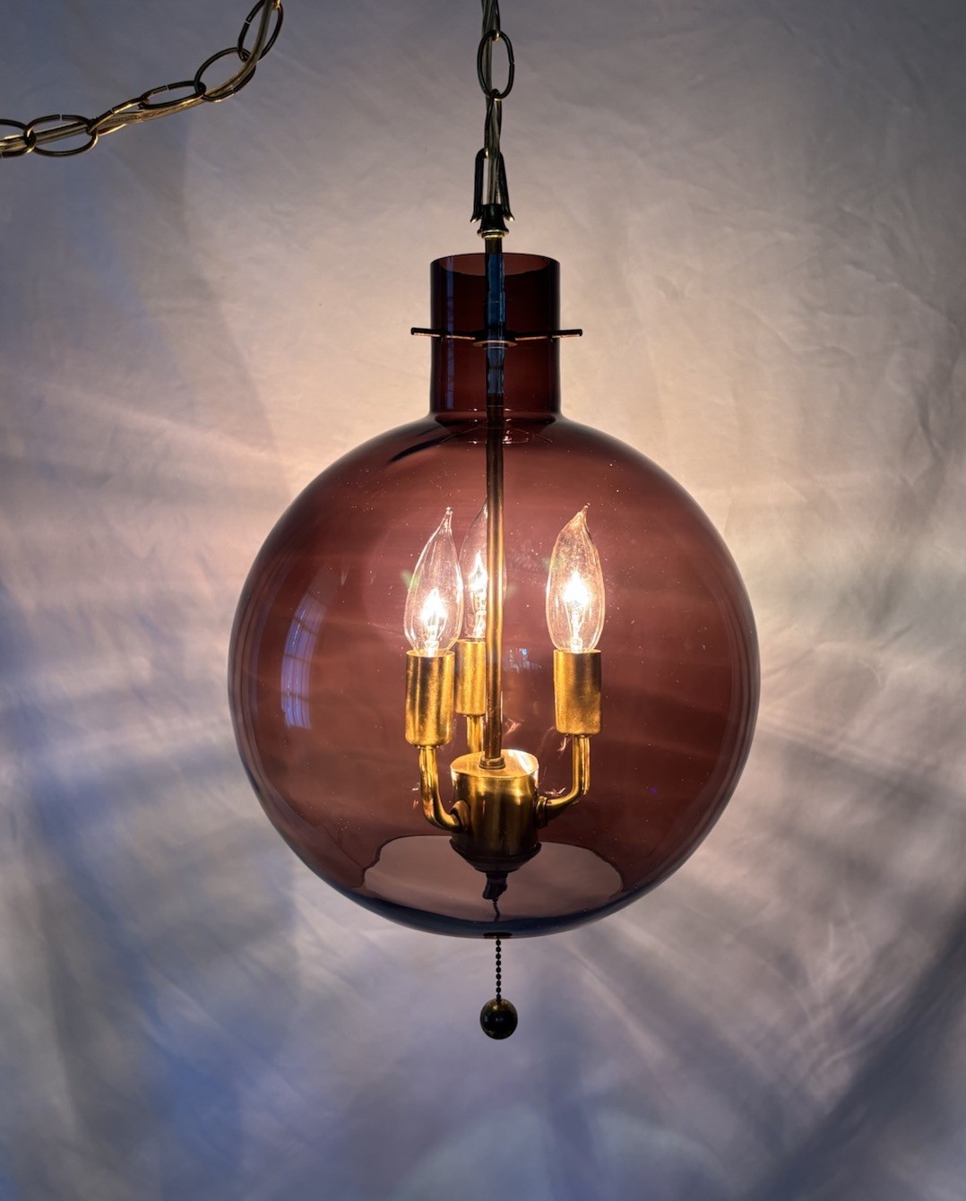 Vintage Mid Century Wine Red Purple Optic Glass Globe Hanging Swag Lamp 3 Light