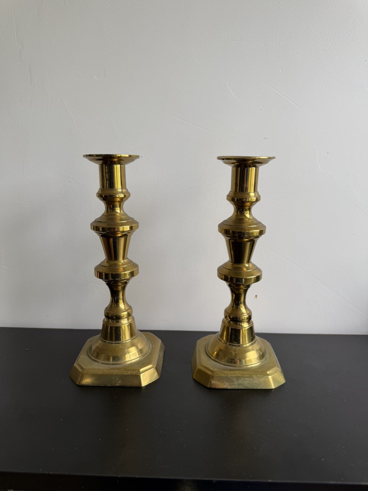 Antique 19th Century English  Brass Candlestick Pair