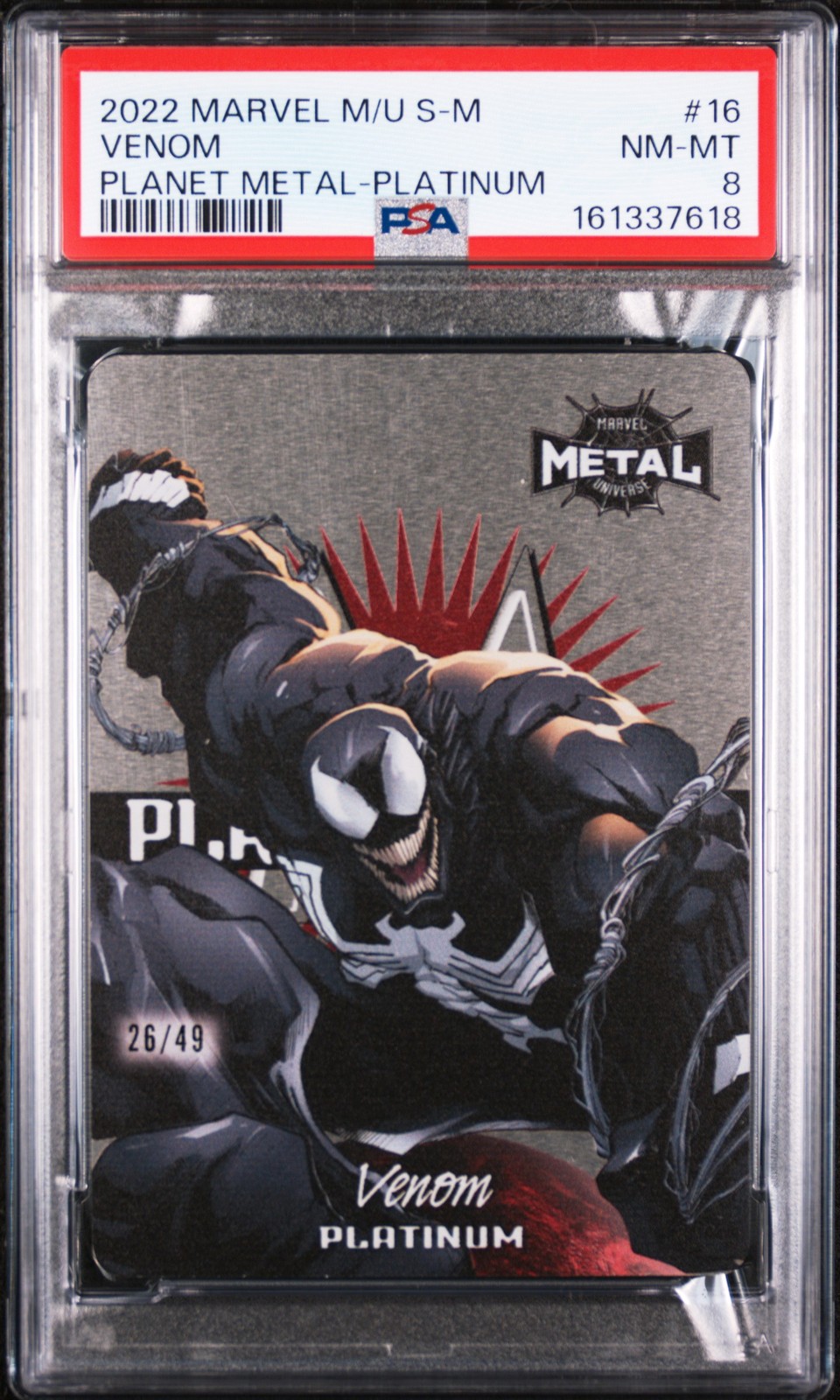 2022 SKYBOX MARVEL METAL UNIVERSE SPIDER-MAN PLANET PLATINUM #16 VENOM PSA 8