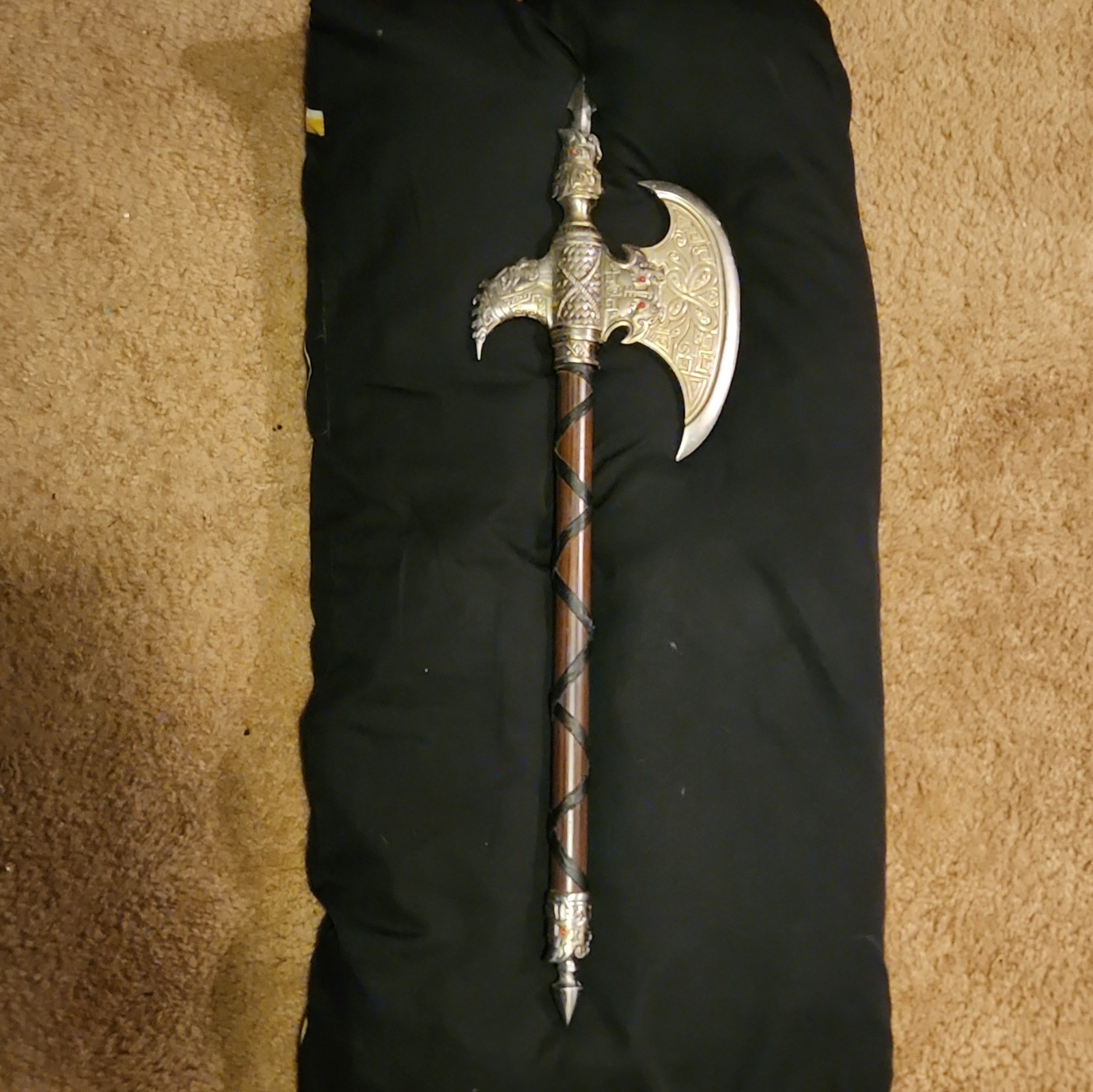 BADASS Ornate Decor, Dbl. Blade Fantasy Axe, Cord Wrapped Handle, Gold/Black26x8