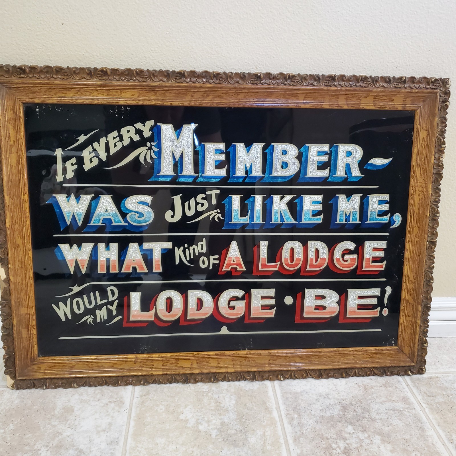 RARE Antique ODD FELLOWS Reverse Painted Glass Sign Original Frame Idaho Falls