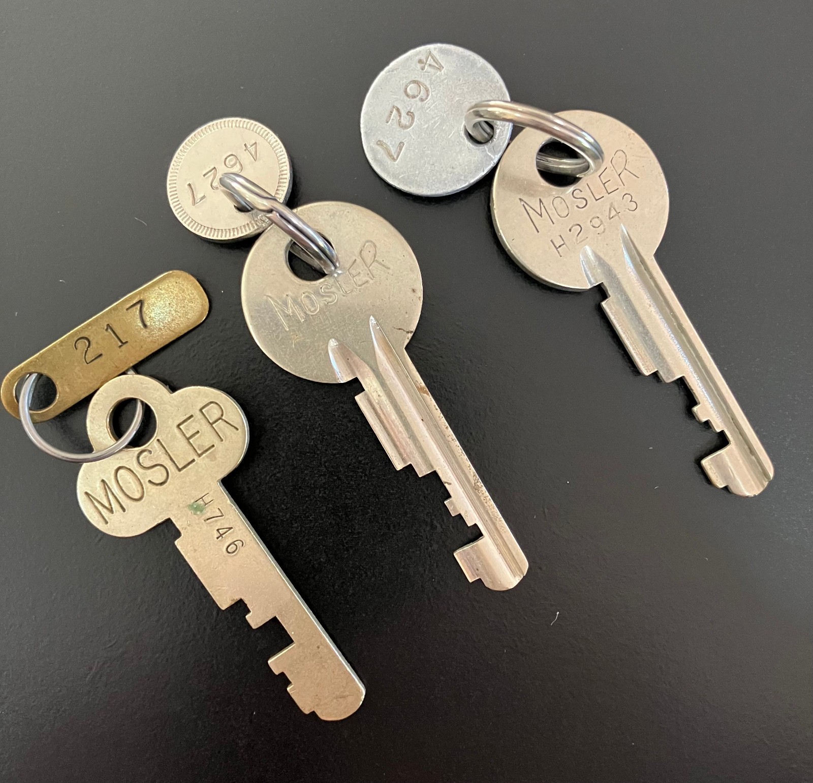 Vintage Mosler Safe Deposit Box Keys Lot of 3 Bank Vault Corrugated Metal Tags