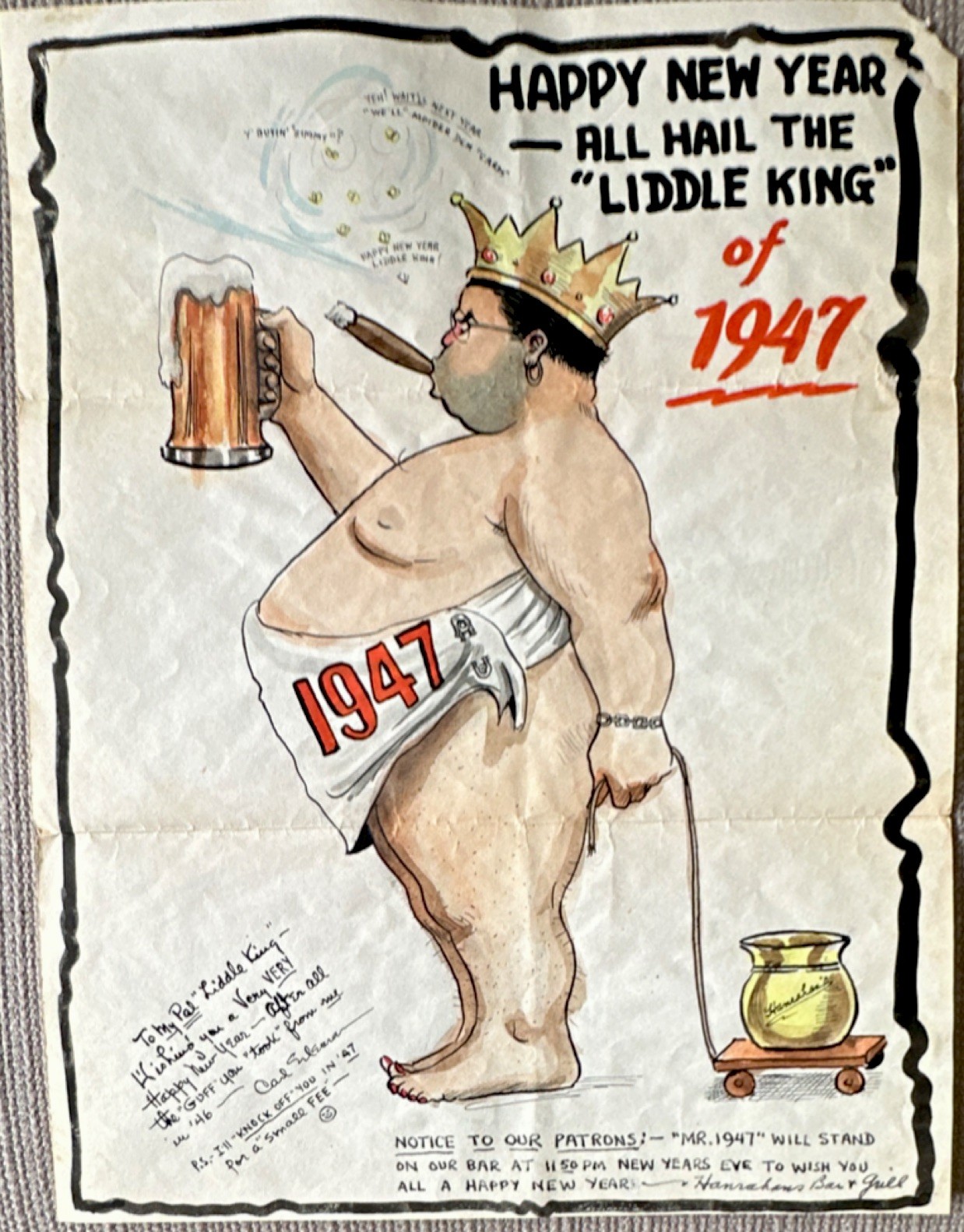 Rare Vintage ‘Liddle King' New Year Humor Original Ink Cartoon 1946 Hanrahans
