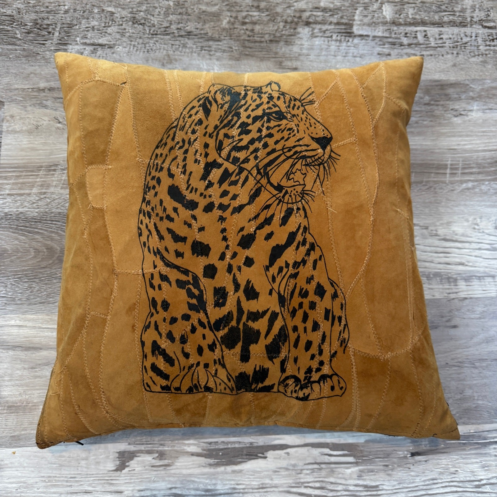 Vintage 90s Suede Leopard Throw Pillow Patchwork Animal Print Maximalist 15x15