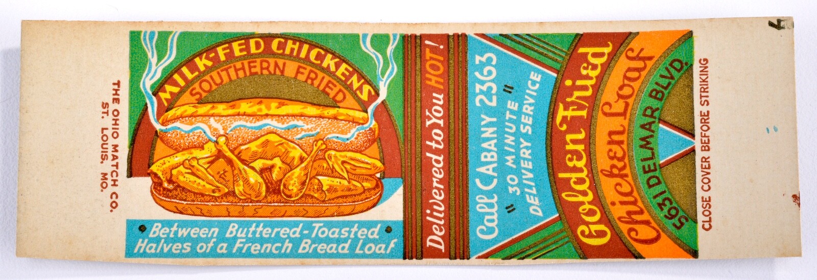 Vintage 1930\'s Matchbook Art Unbent - Golden Fried Chicken Loaf St Louis, MO #39