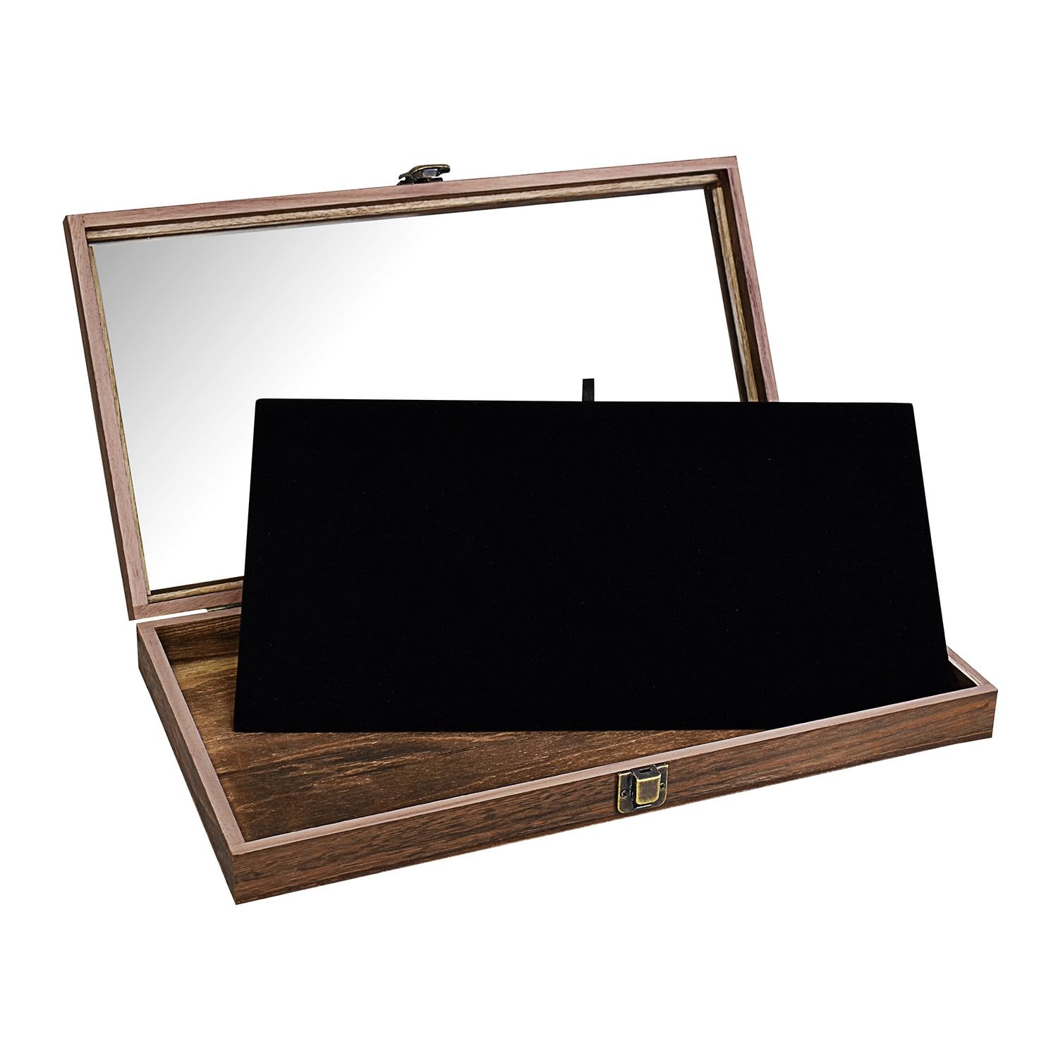MOOCA Wood Jewelry Display Case Glass Top Black Velvet Pad