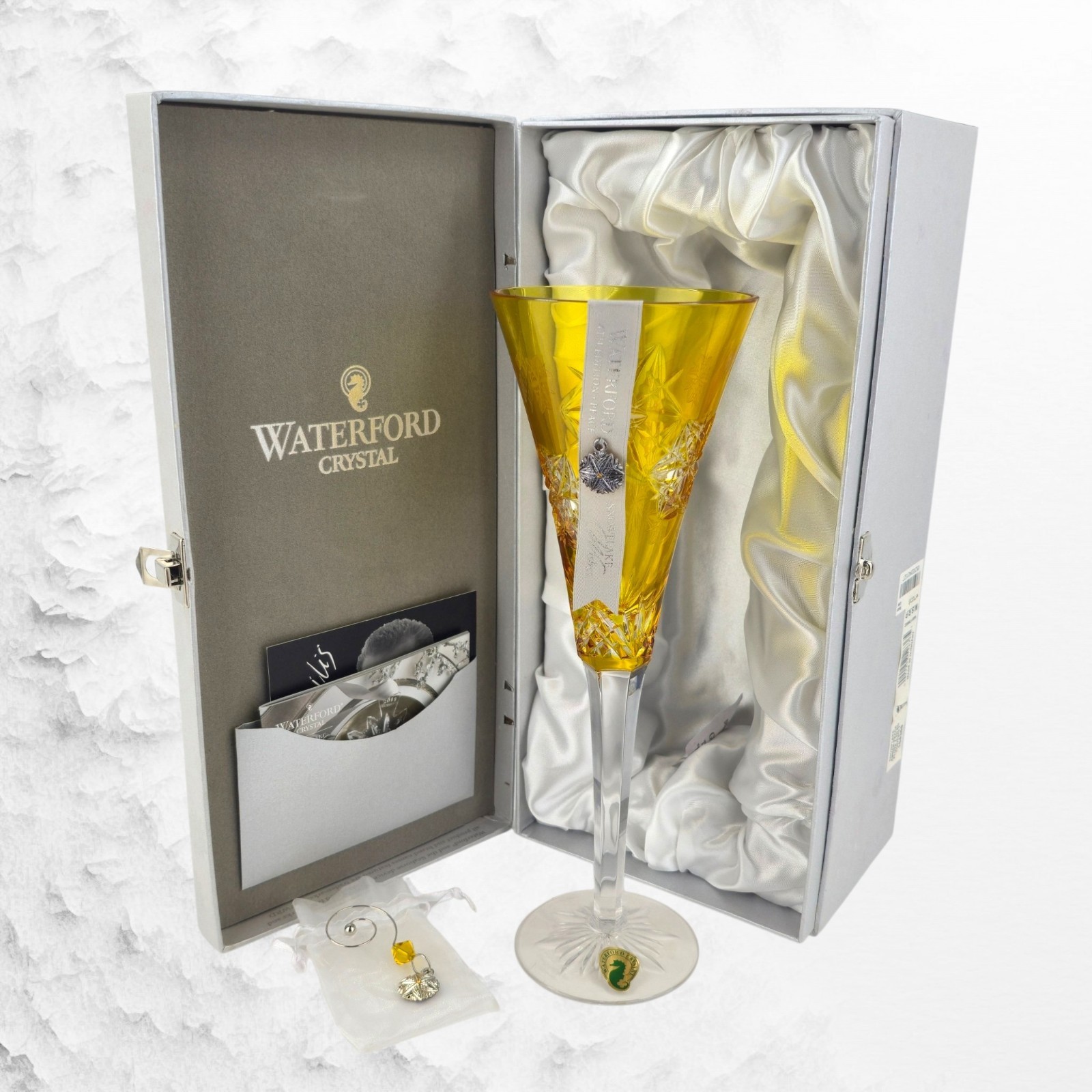 WATERFORD CRYSTAL SNOWFLAKE WISHES PEACE AMBER CHAMPAGNE FLUTE W/CHARM 2014