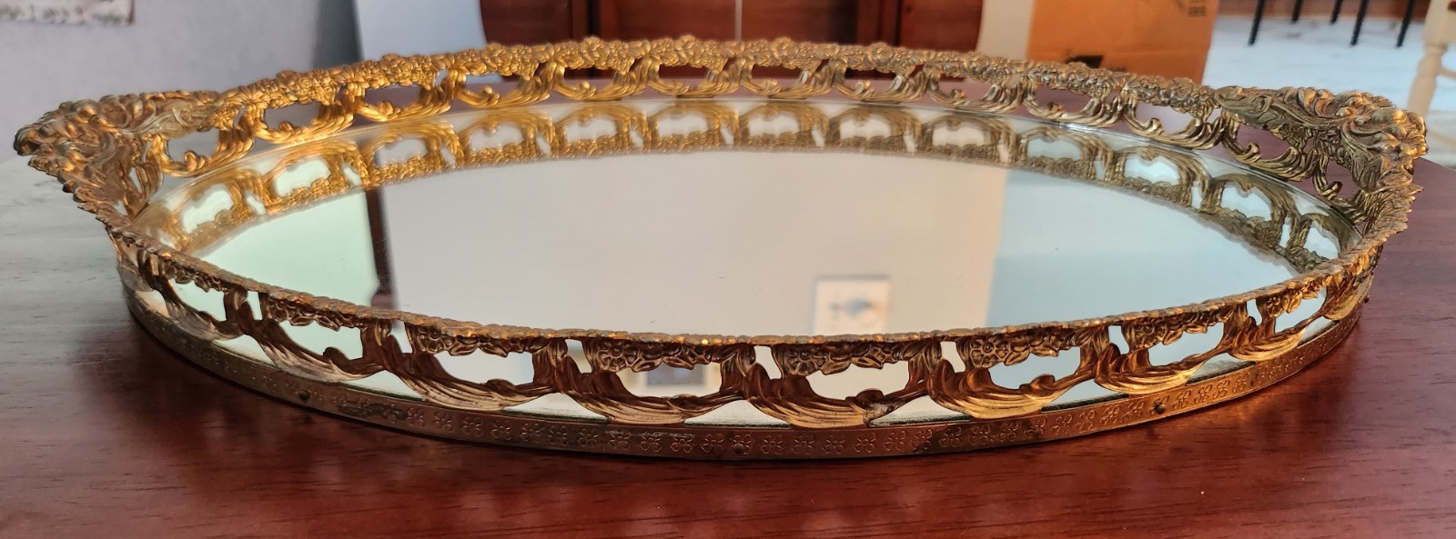 Vintage Oval Mirrored Vanity Tray Ornate Floral Filigree Gold Tone 15\