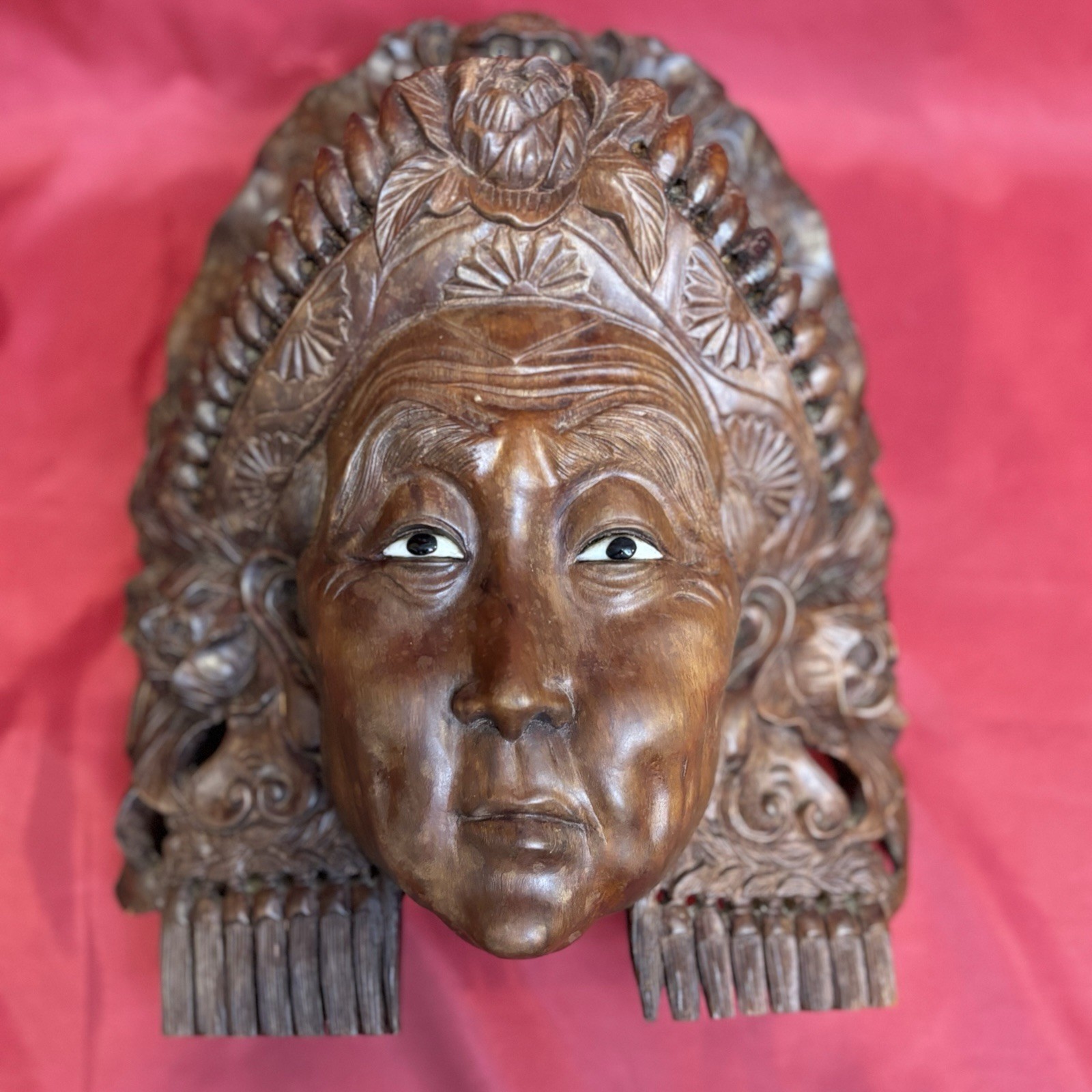 Balinese Carved Wood Elder Woman Mask Bhoma Crest Inset Eyes 11 In