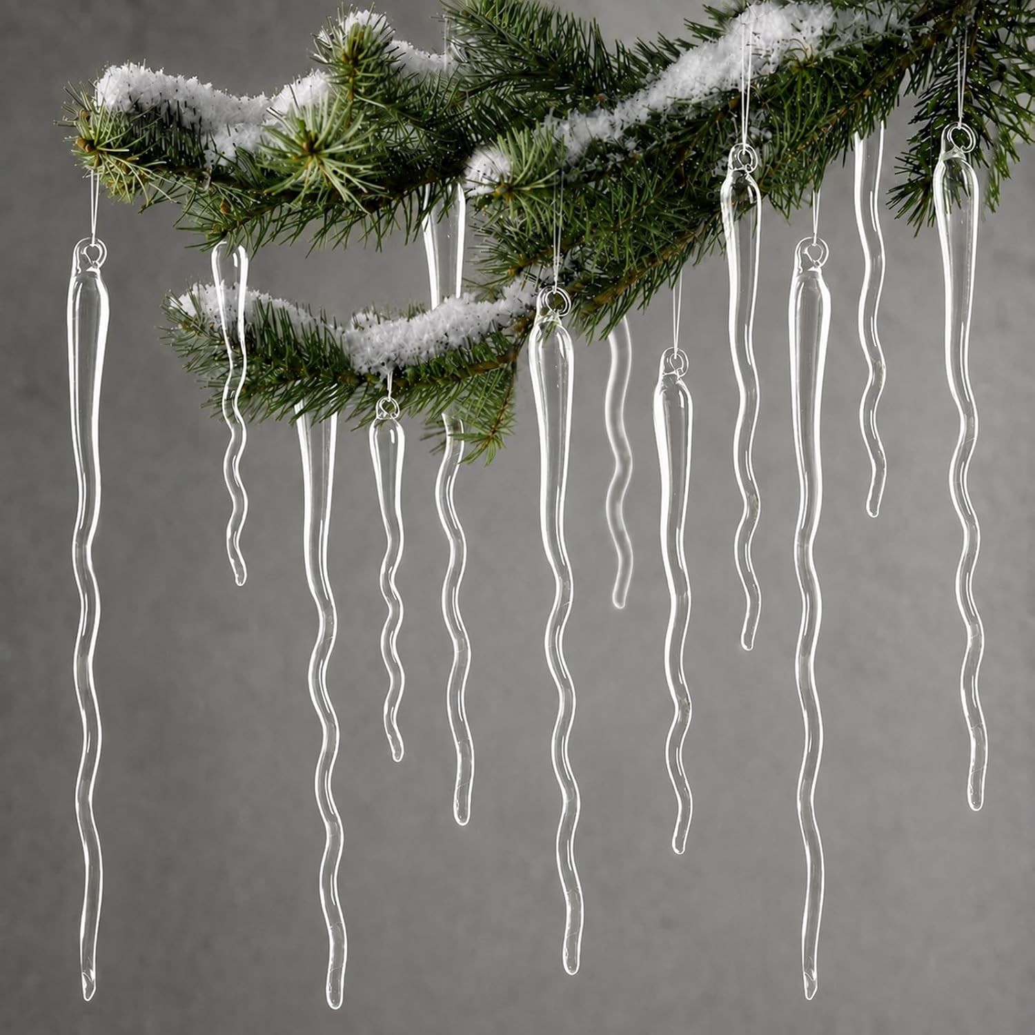 Large Handmade Glass Icicle Christmas Ornaments, Crystal Tree Decor, 12-Pc