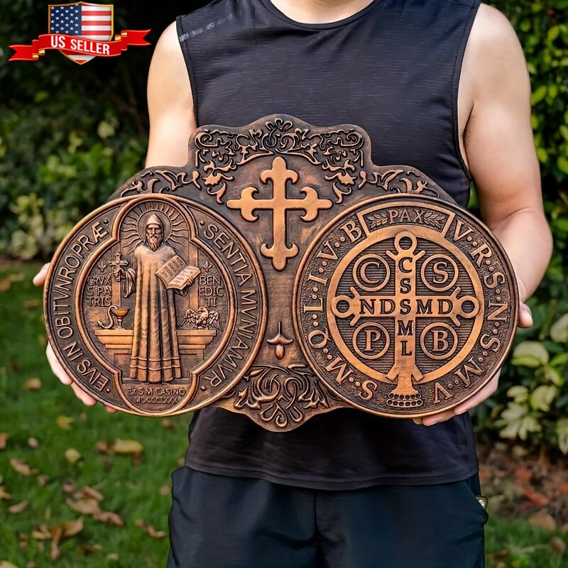 12 inch Antique Wooden Saint Benedict Plaque St Benedict Medal Wall Decor Gift 12 inch Antique Wooden Saint Benedict Plaque St Benedict Medal Wall Decor Gift