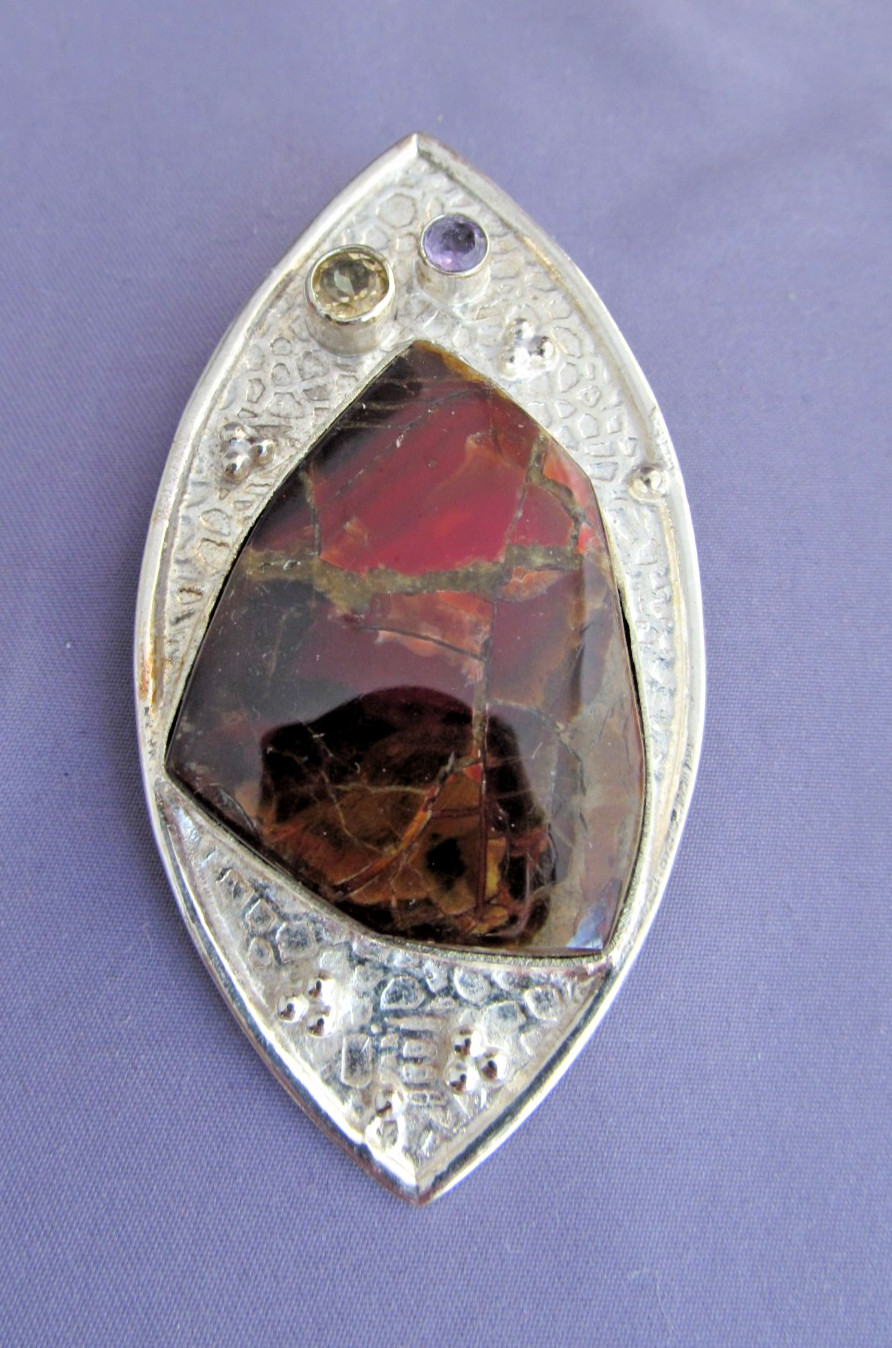 Vintage Sarah Design Canada Sterling FIRE AGATE SLAB AMETHYST CITRINE Pendant