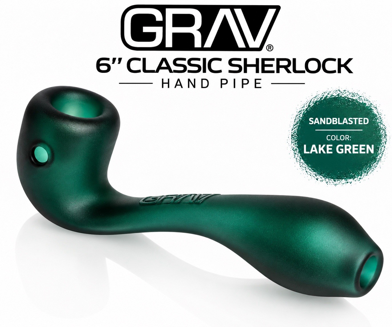 GRAV® LARGE SANDBLASTED CLASSIC SHERLOCK GLASS HAND PIPE, 6 COLORS, LAKE GREEN