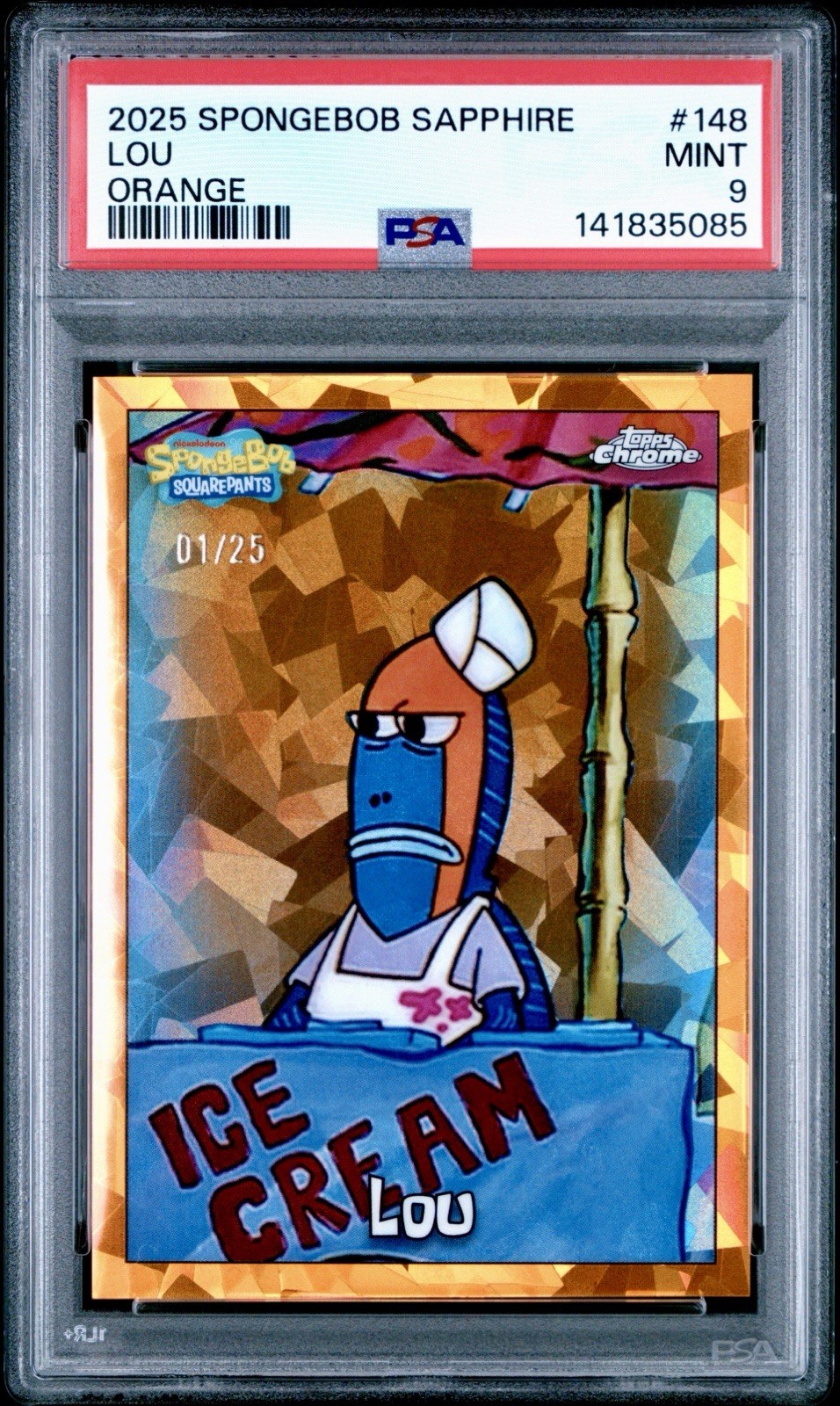 2025 Topps Chrome Sapphire SpongeBob Squarepants #148 LOU Orange # /25 PSA 9