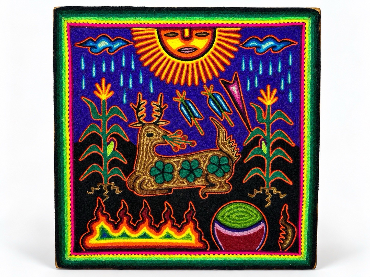 Huichol Style Yarn Art Deer Sun Flowers Colorful Mexican Folk Art 12” Square