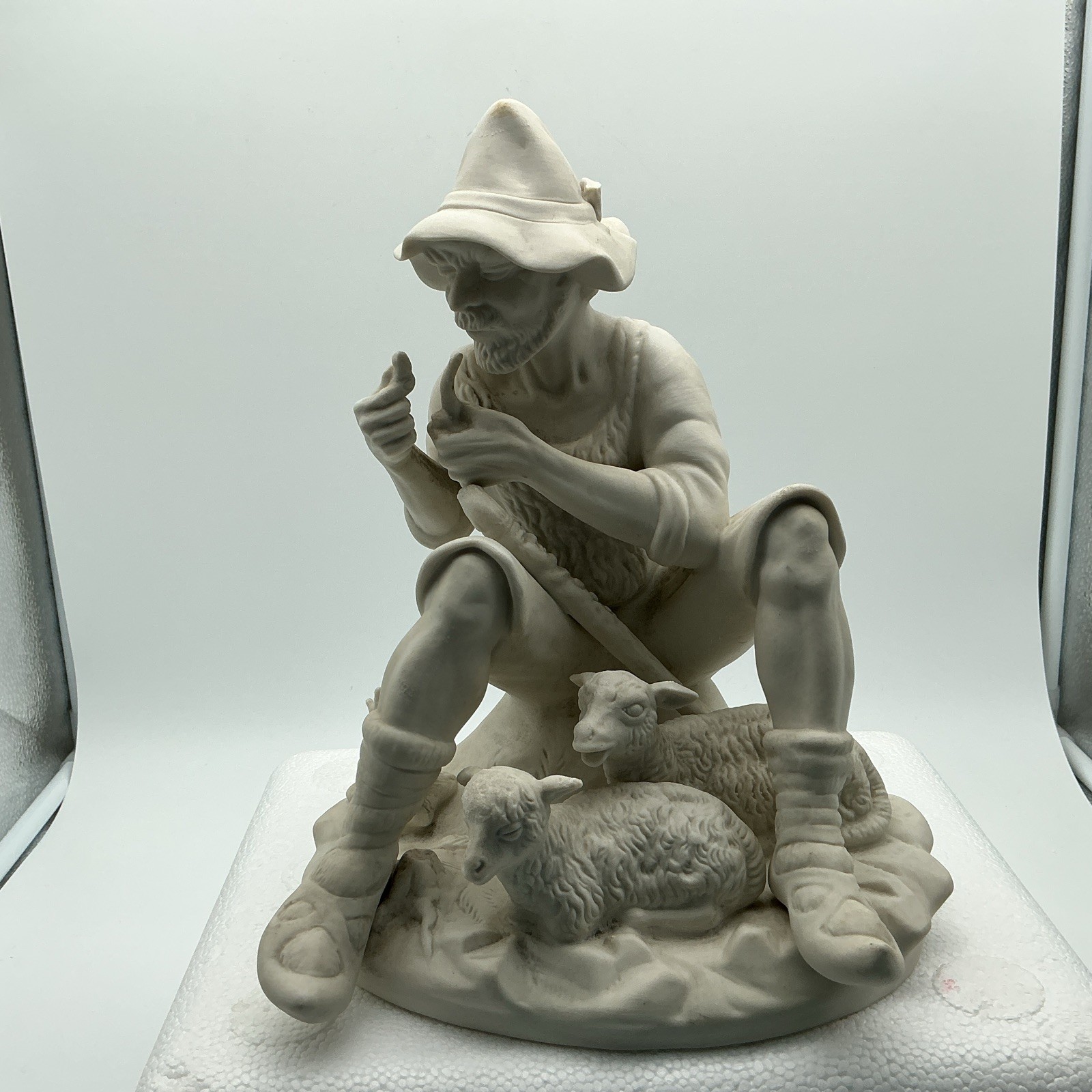 Vintage Sandizell Dresden German Bisque Porcelain Shepherd With 2 Lambs 9.5”
