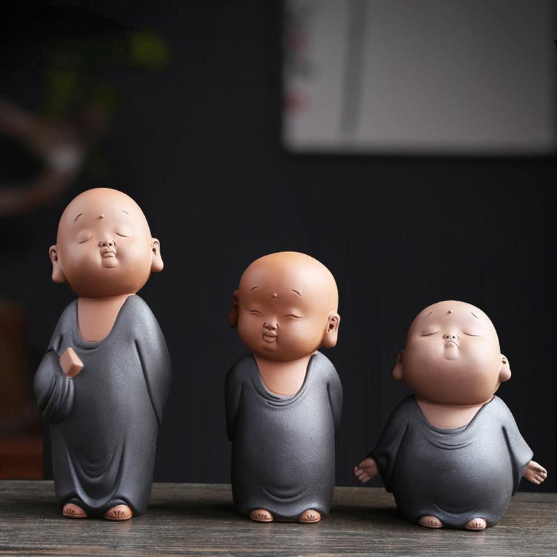 3pcs China Handmade Yixing Purple Clay Buddhist Monk Statue Tea Pet Tea Set