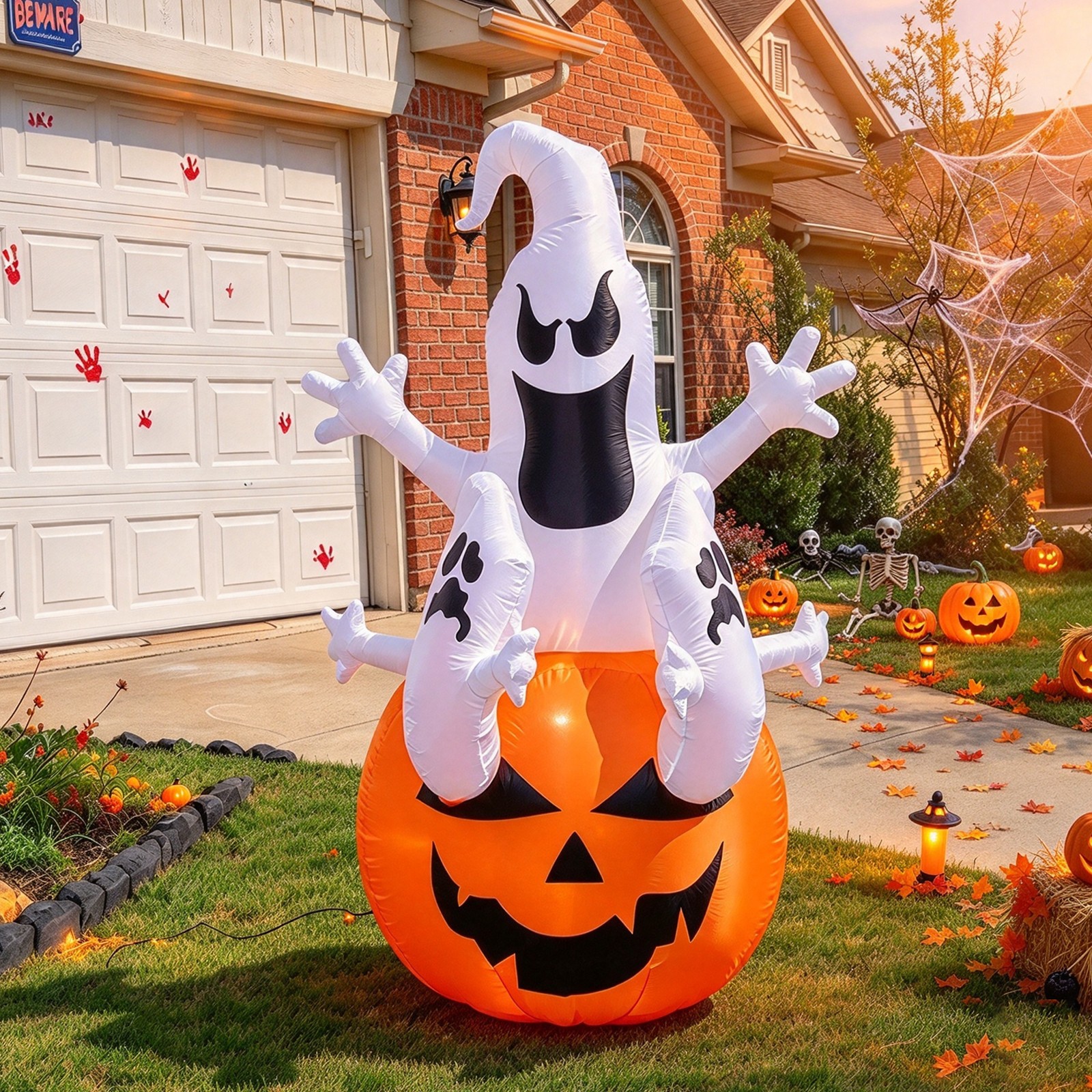 6 Ft Halloween Inflatable Pumpkin & Rising Ghost w/ LED Light Outdoor Decoration