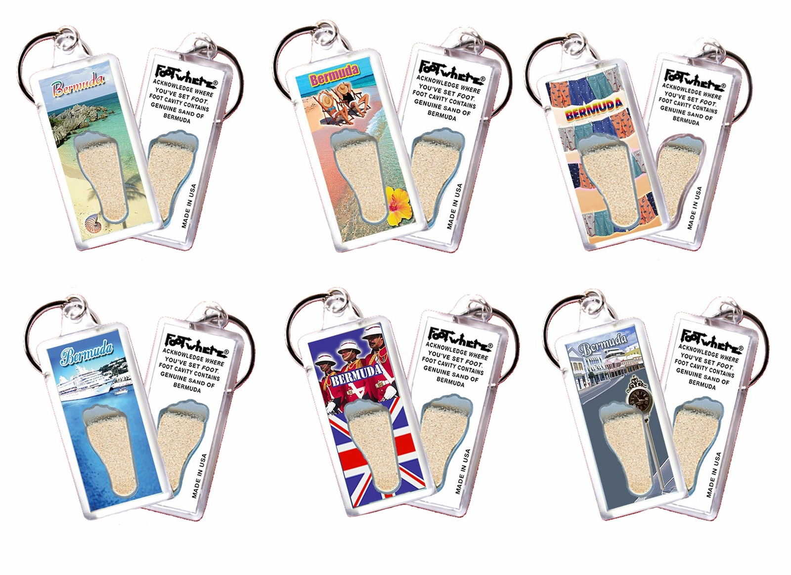 Bermuda FootWhere® Souvenir Keychains. 6 Piece Set. Made in USA