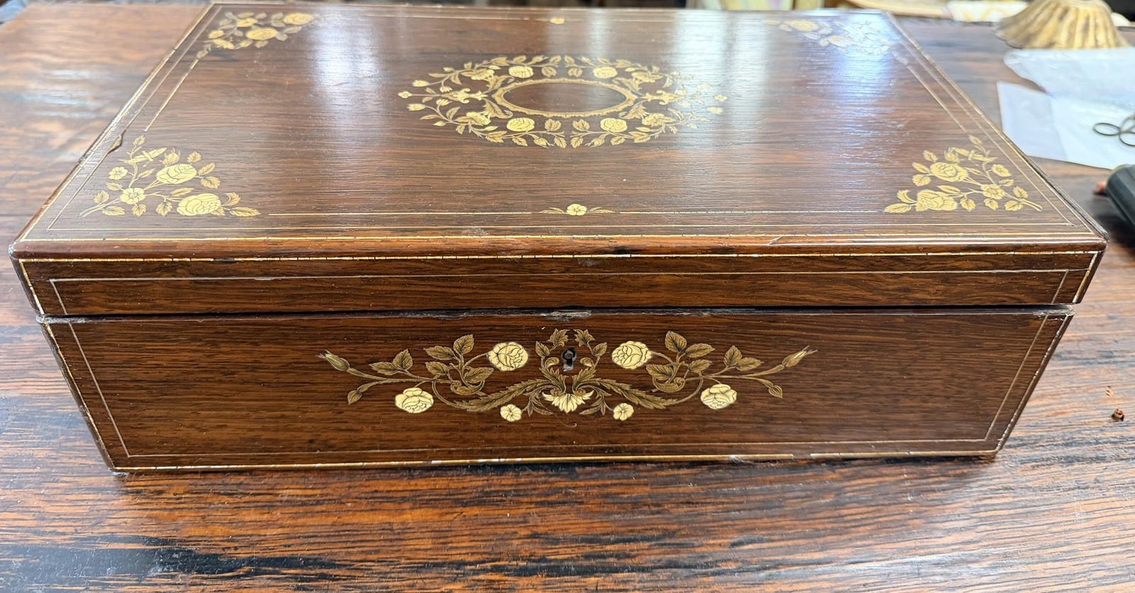 19th C Napoleon III Antique English Rosewood Inlaid Floral Writing slope Desk