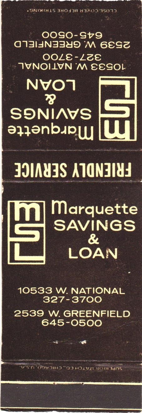Marquette Savings & Loan Milwaukee WI Vintage Matchbook Cover 1970s