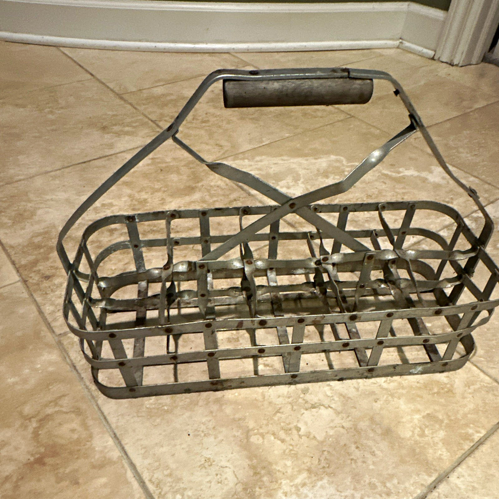 Vintage Gray Metal Dairy Milk Bottle Carrier Crate with Wood Handle